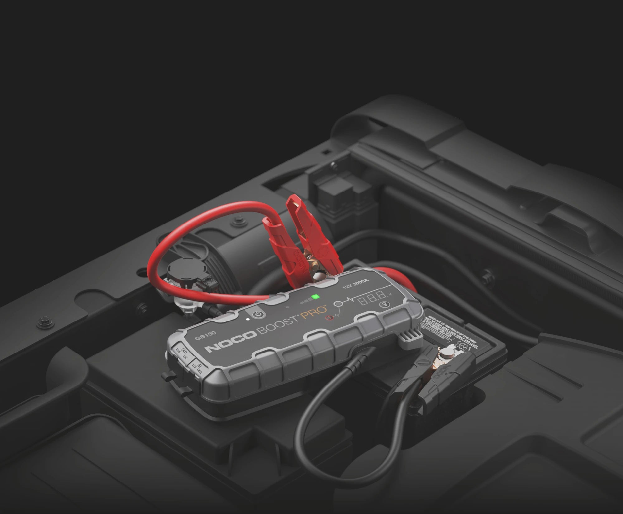 Noco 12V 3000A UltraSafe Lithium Jump Starter Boost PRO – jump starting a vehicle in the engine bay