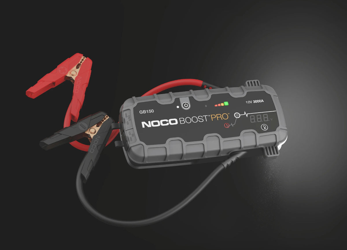 Noco 12V 3000A UltraSafe Lithium Jump Starter Boost PRO – jump starter with clamps and flashlight on