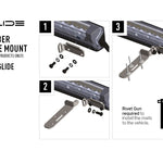 Glide number plate mount assembly with components and instructions on a white background