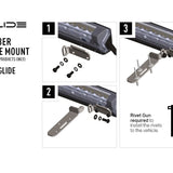 Glide number plate mount assembly with components and instructions on a white background