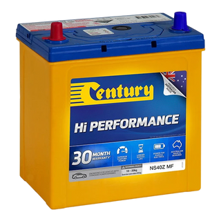 Century NS40Z MF Hi Performance Battery, side view showing the sealed maintenance-free top, flame-arrested vent, and SP small-post tapered terminals with D polarity label