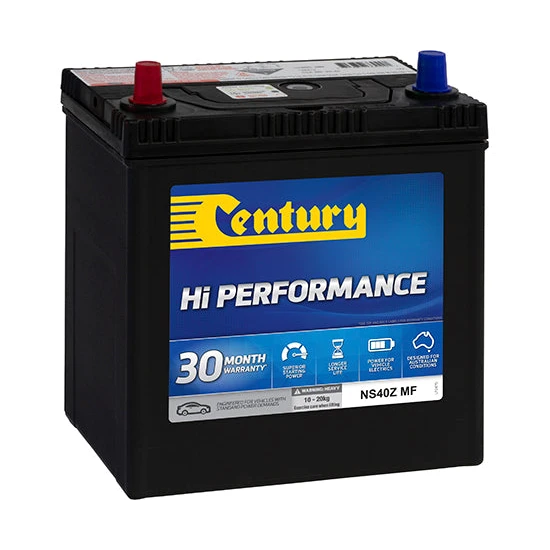 Century NS40Z MF Hi Performance Battery, top view showing the SP small-post tapered terminals with the positive post on the right (D polarity) and the flame-arrested vent between the cells