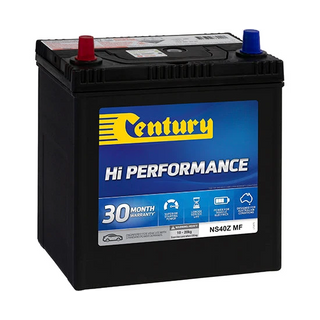 Century NS40Z MF Hi Performance Battery, top view showing the SP small-post tapered terminals with the positive post on the right (D polarity) and the flame-arrested vent between the cells