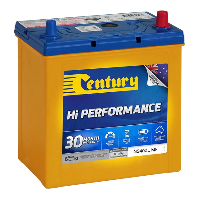 Century NS40ZL MF 12V Hi Performance starter battery, side view showing NS40Z case profile