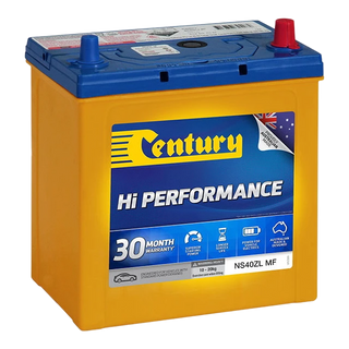 Century NS40ZL MF 12V Hi Performance starter battery, side view showing NS40Z case profile