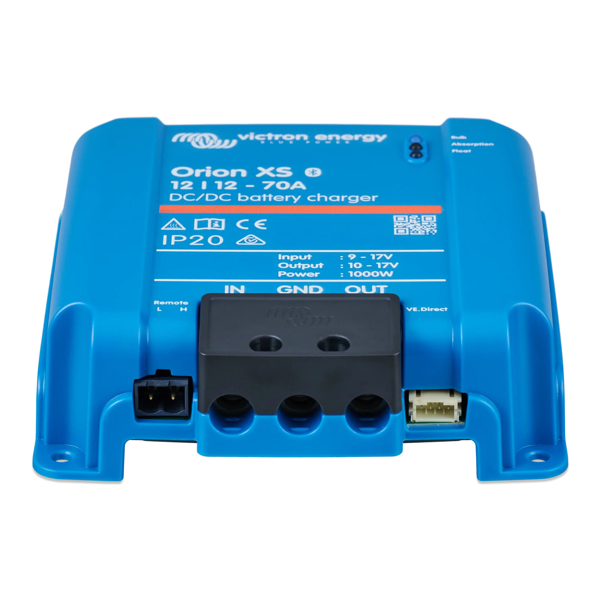 Victron Orion XS 12/12-70A DC-DC charger front view showing the label, terminal cover and VE.Direct port