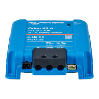 Victron Orion XS 12/12-70A DC-DC charger front view showing the label, terminal cover and VE.Direct port