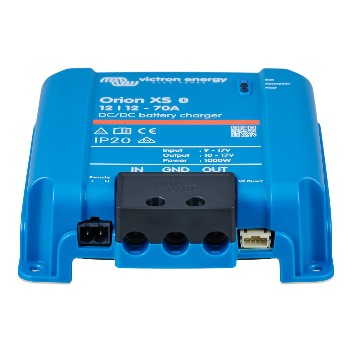 Victron Orion XS 70A DC-DC charger, front view with terminal cover and status LEDs