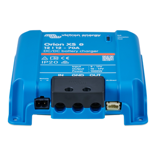 Victron Orion XS 70A DC-DC charger, front view with terminal cover and status LEDs