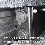 Twin USB and 'Cig' socket attached to a mattress on each side of a tent.