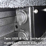Twin USB and 'Cig' socket attached to a mattress on each side of a tent.
