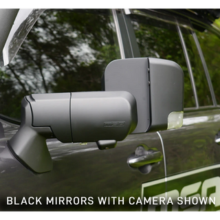 Car side mirror with built-in camera on a vehicle, with text indicating 'Black mirrors with camera shown'.