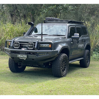 Gray Toyota prado 250 with off-road equipment on a grassy area