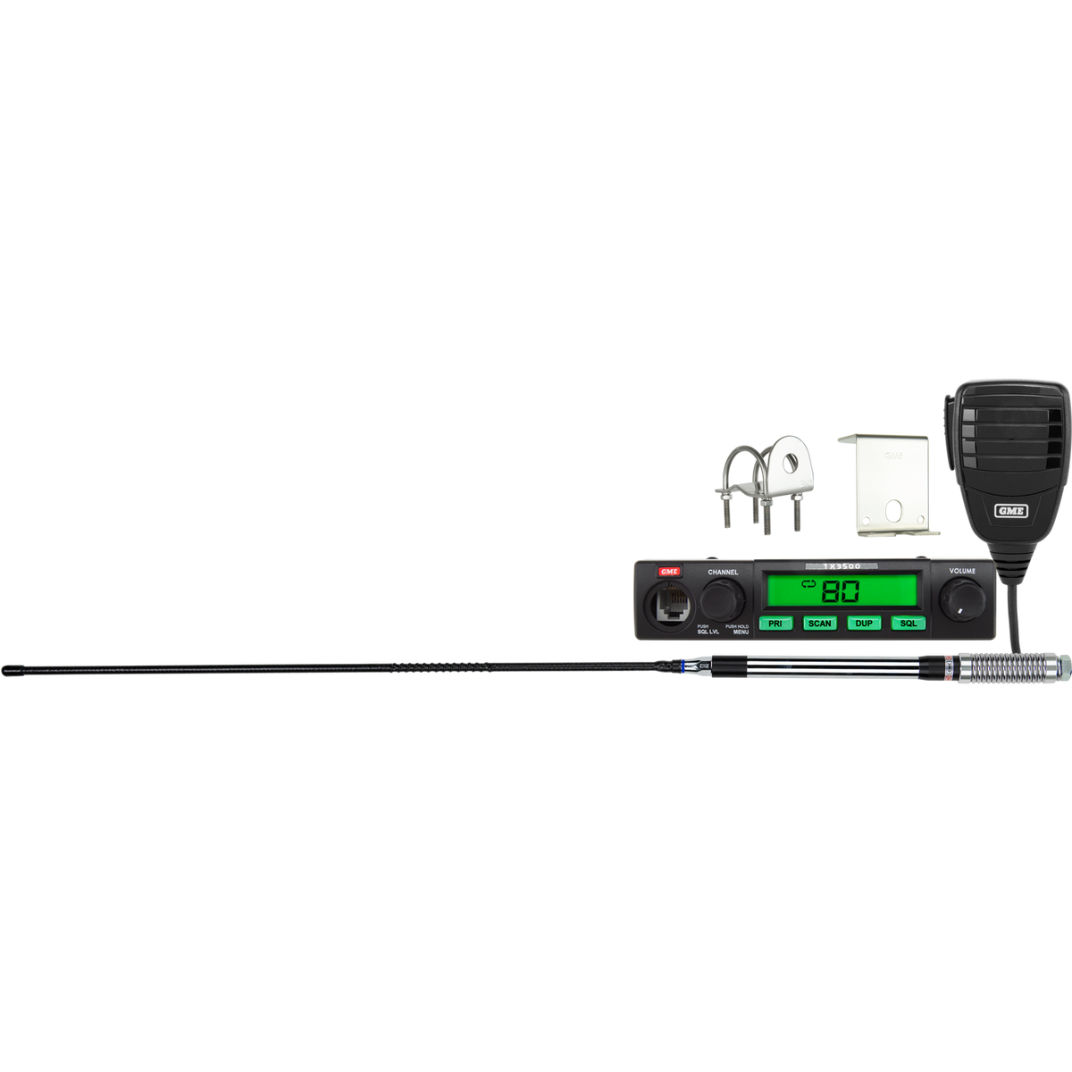 A graphic representation of a compact UHF CB radio with various components such as a microphone, antenna, and mounting brackets, all in black color.