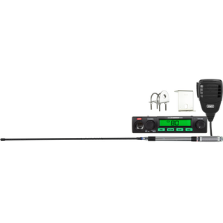 A graphic representation of a compact UHF CB radio with various components such as a microphone, antenna, and mounting brackets, all in black color.