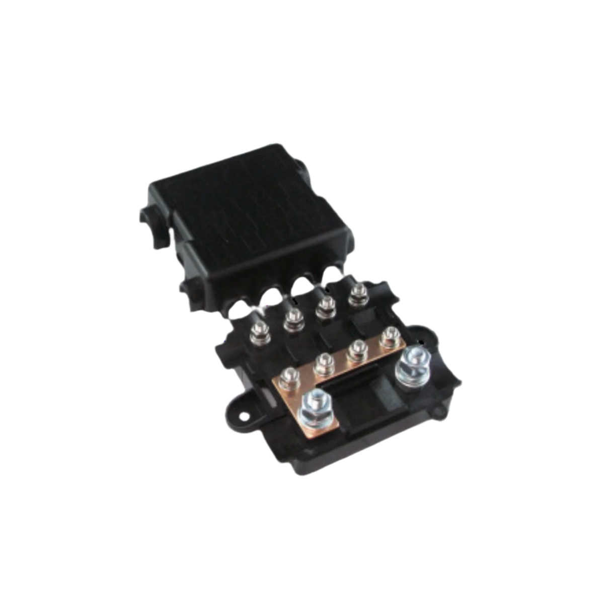 Four-way midi fuse holder with the black cover lifted off and set behind it, showing the four fuse positions, the copper link bar across the terminals and the studs and nuts on the moulded base
