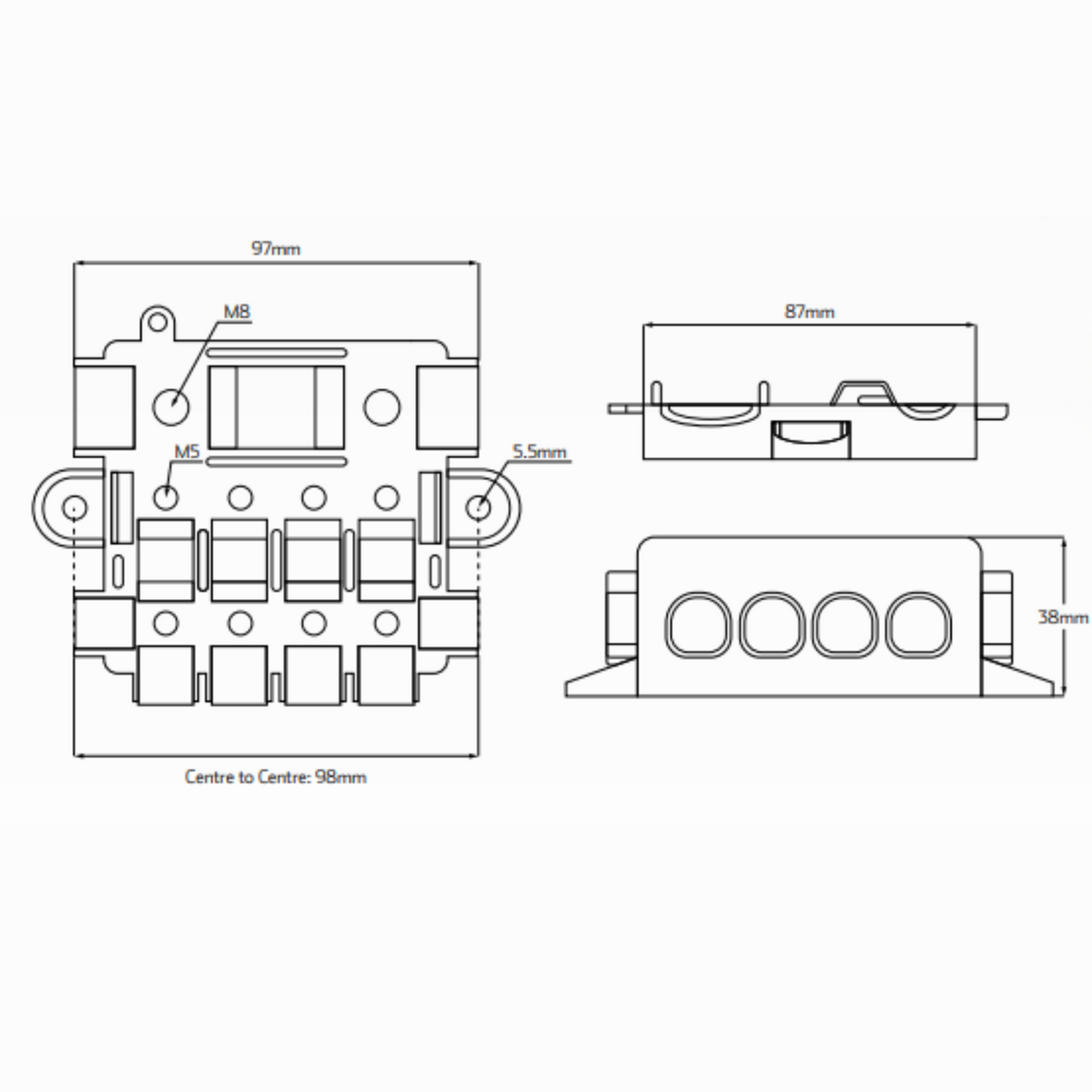 Dimension drawing of the four-way midi fuse holder: 97mm across the base with mounting holes 98mm centre to centre, 87mm deep and 38mm tall, with 5.5mm mounting holes, M8 main studs and M5 fixings called out