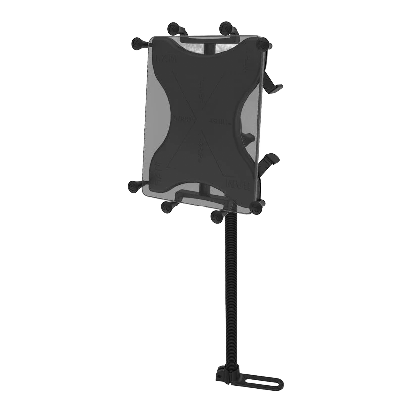 RAM Pod I no-drill vehicle tablet mount with X-Grip cradle holding a 10 inch tablet, 18 inch bendable aluminium rod bolted to a seat rail