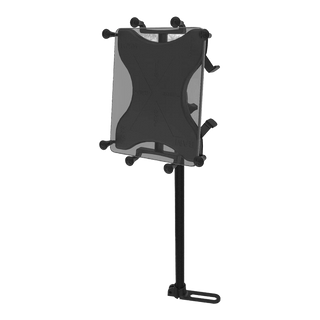 RAM Pod I no-drill vehicle tablet mount with X-Grip cradle holding a 10 inch tablet, 18 inch bendable aluminium rod bolted to a seat rail