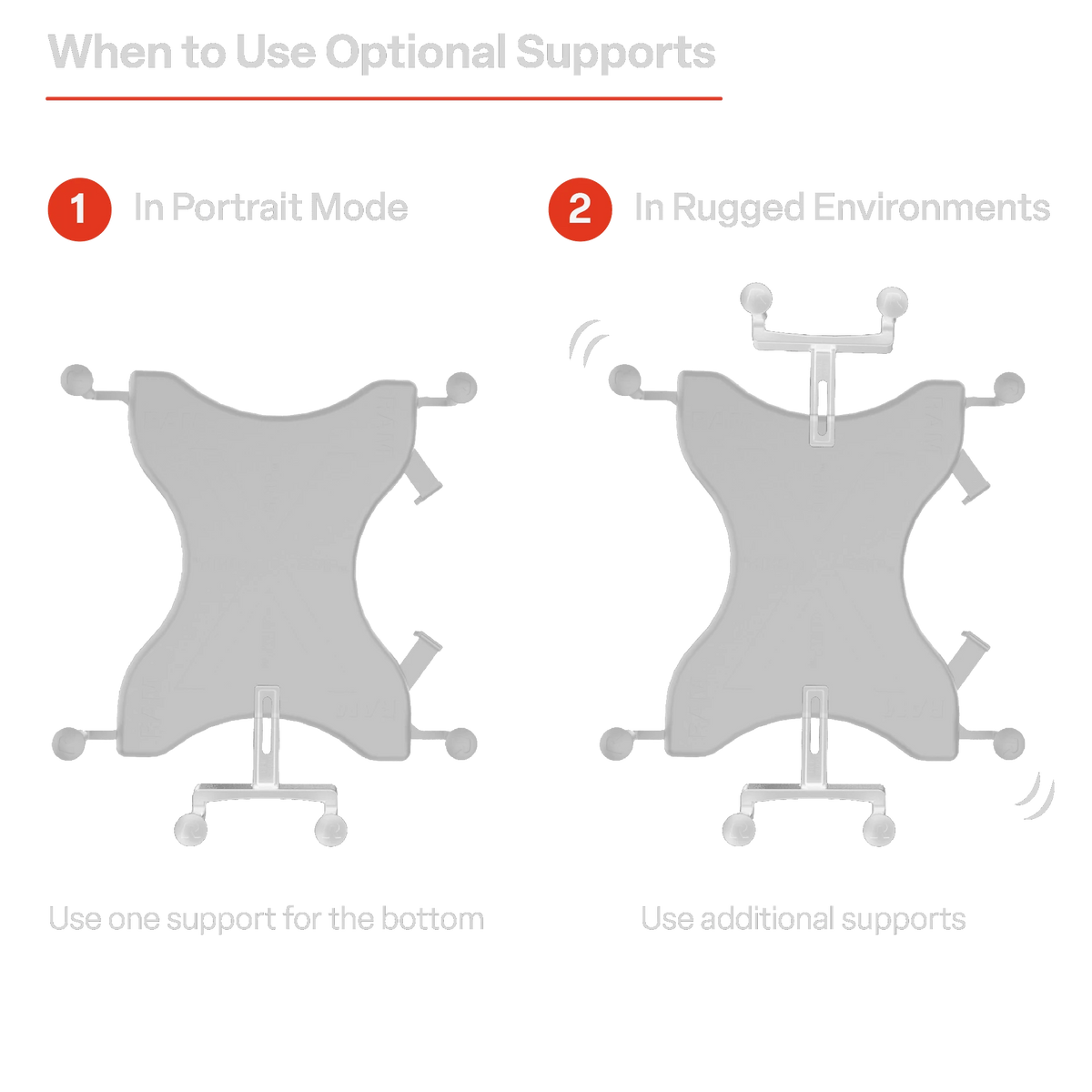 No-Drill Tablet Mount with 18″ Bendable Arm for iPad & 9-11″ Tablets – diagram showing when to use the optional supports