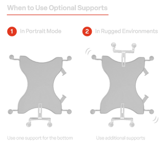 No-Drill Tablet Mount with 18″ Bendable Arm for iPad & 9-11″ Tablets – diagram showing when to use the optional supports