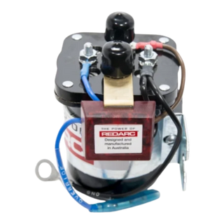 Redarc SBI212 isolator from the front with the mounting bracket fitted, the red control module labelled designed and manufactured in Australia, the blue override lead and the black earth lead with its ring terminal