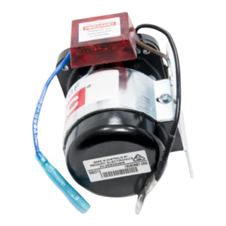 Redarc SBI212 isolator lying on its side, showing the compliance label with the Australian manufacture marking, the SBI212 part number and barcode, and the mounting bracket bolted to the body