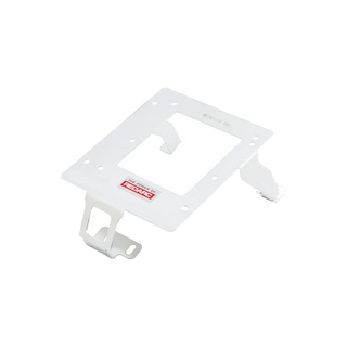 White Redarc mounting bracket at an angle, the plate with a central cut-out and two retaining tangs, with slotted feet at opposite corners