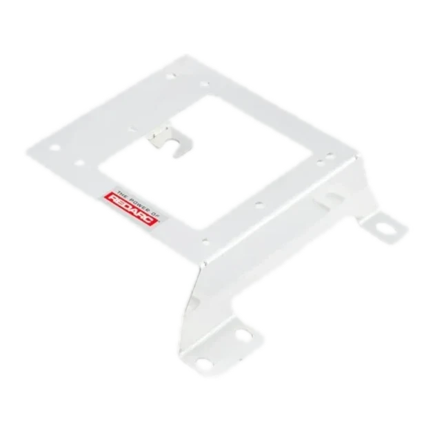 White Redarc mounting bracket at a shallow angle, a plate with a central cut-out, a hooked retaining tab and two slotted mounting feet
