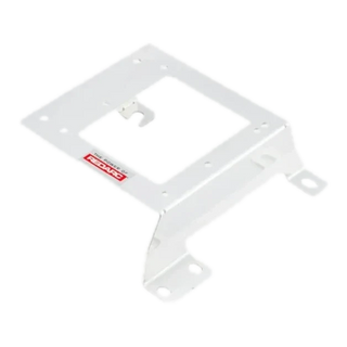 White Redarc mounting bracket at a shallow angle, a plate with a central cut-out, a hooked retaining tab and two slotted mounting feet