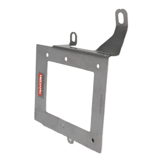 Stainless Redarc mounting bracket photographed against white, the cut-out plate with two upright tabs and a curved arm reaching to a slotted mounting eye