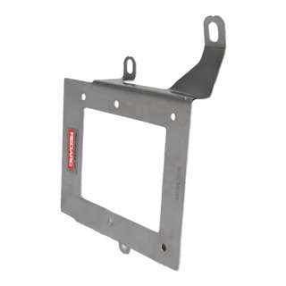 Stainless Redarc mounting bracket photographed against white, the cut-out plate with two upright tabs and a curved arm reaching to a slotted mounting eye
