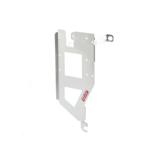 Tall white Redarc mounting bracket, a narrow plate with two cut-outs stacked one above the other, a folded side flange and an arm reaching out to a slotted mounting eye