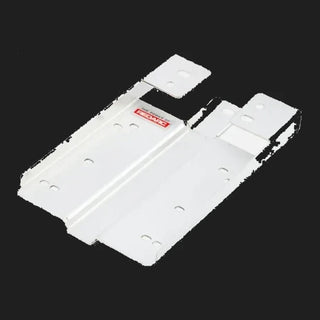 Two white Redarc mounting brackets shown together, a long flat plate with fixing holes along its length beside a matching plate with a raised mounting eye at one end
