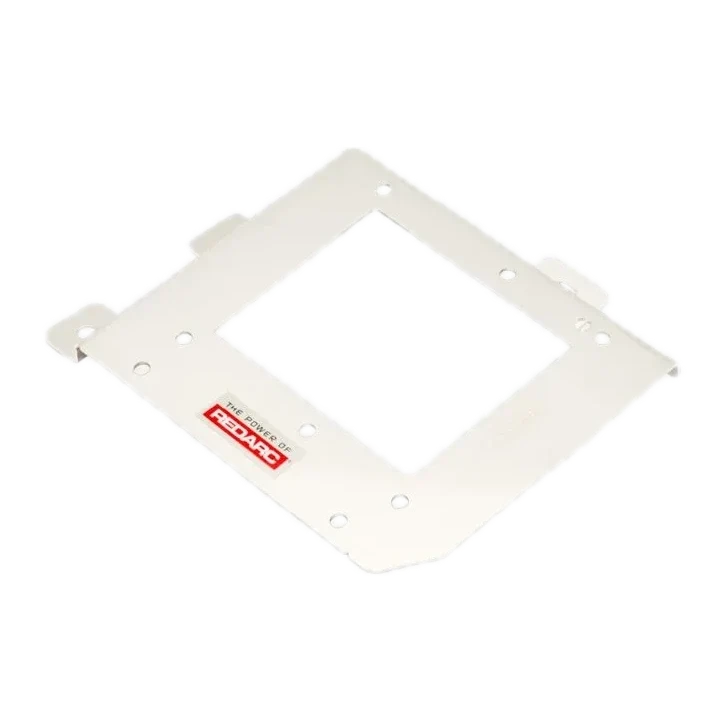 White Redarc mounting bracket lying flat, a wide plate with a square cut-out, folded tabs along two edges and fixing holes around the perimeter