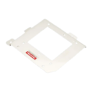 White Redarc mounting bracket lying flat, a wide plate with a square cut-out, folded tabs along two edges and fixing holes around the perimeter