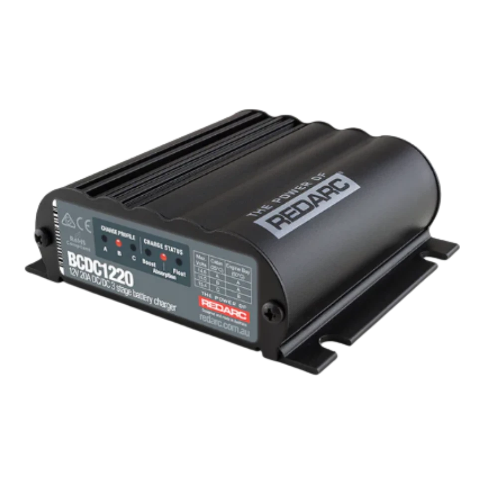 Redarc BCDC1220 20A under-bonnet DC-DC charger front view, black potted housing with Redarc branding