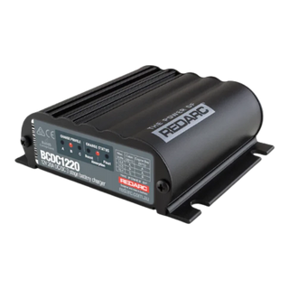Redarc BCDC1220 20A under-bonnet DC-DC charger front view, black potted housing with Redarc branding