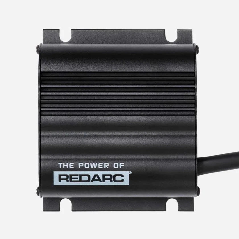 Redarc BCDC1220 top-down view showing bare-wire input and output tails