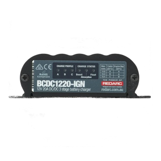 Redarc BCDC1220-IGN DC-DC charger side profile showing fanless potted construction for engine-bay mounting