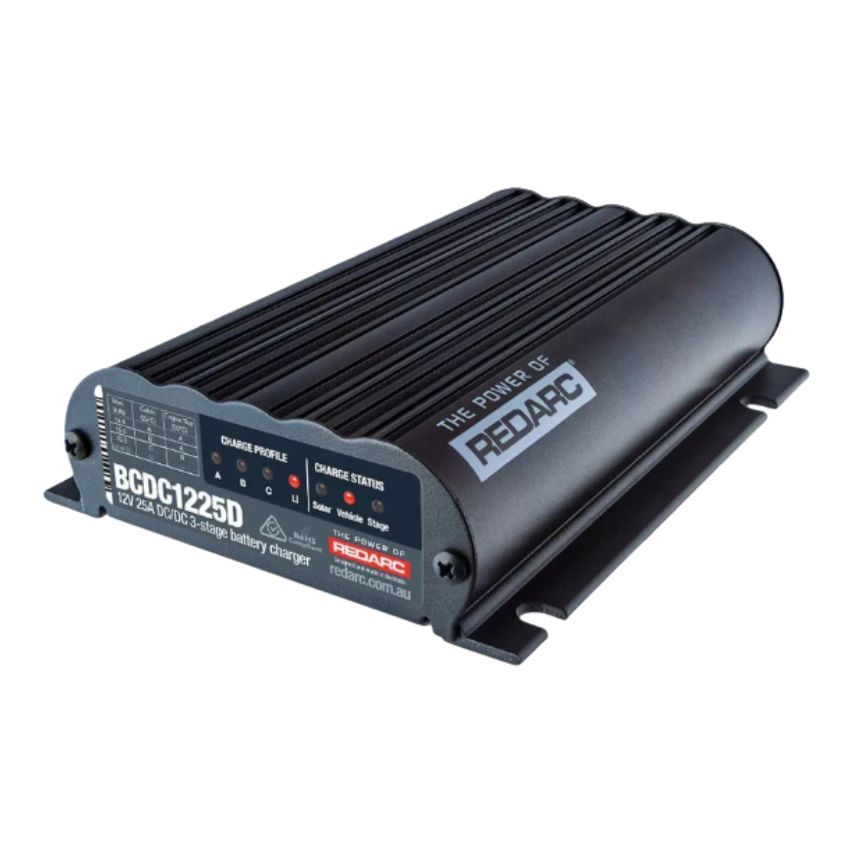 Redarc BCDC1225D Classic25 12V 25A DC-DC charger with MPPT solar input, front view