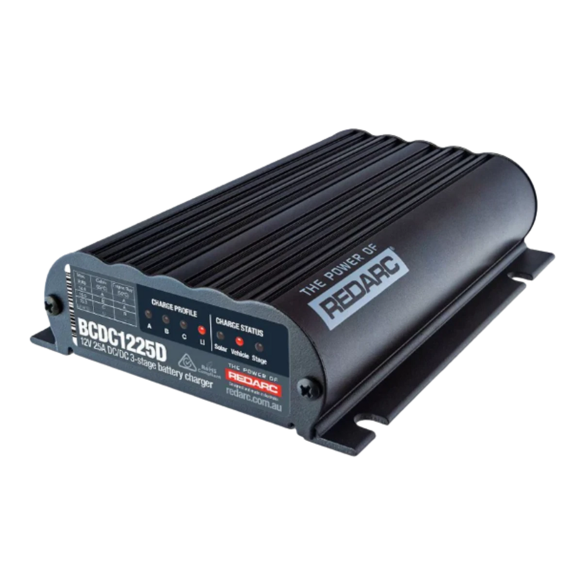 Redarc BCDC1225D Classic25 12V 25A DC-DC charger with MPPT solar input, front view