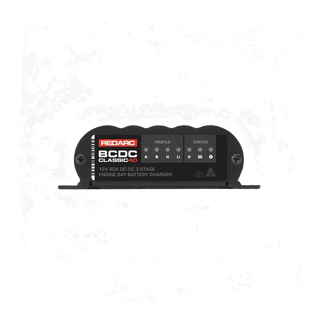 Redarc BCDC1240D terminal end panel showing bare-wire DC-DC input, solar input and 12V output connections
