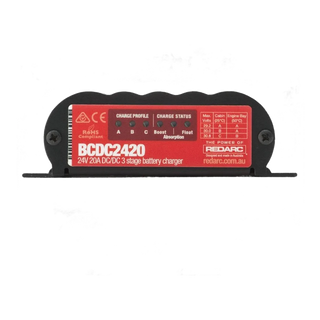 Redarc BCDC2420 24V DC-DC charger showing bare-wire input, output and solar connection tails
