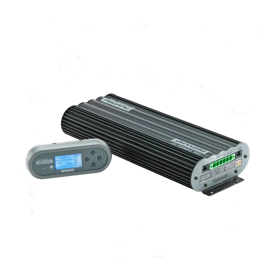 REDARC Manager30 BMS1230S3 and its battery monitor shown together at an angle, with the finned black alloy case and the connector end visible