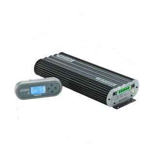 REDARC Manager30 BMS1230S3 and its battery monitor shown together at an angle, with the finned black alloy case and the connector end visible