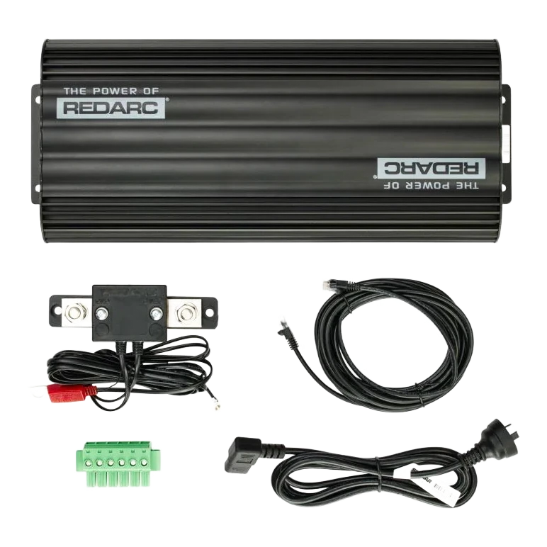 What is in the box with the REDARC Manager30: the main unit, battery sensor assembly with fuse holder, monitor comms cable, terminal block connector and 240V mains lead