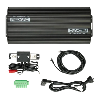 What is in the box with the REDARC Manager30: the main unit, battery sensor assembly with fuse holder, monitor comms cable, terminal block connector and 240V mains lead
