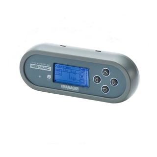 REDARC Manager30 battery monitor display showing the output status screen with charge current readings and navigation buttons