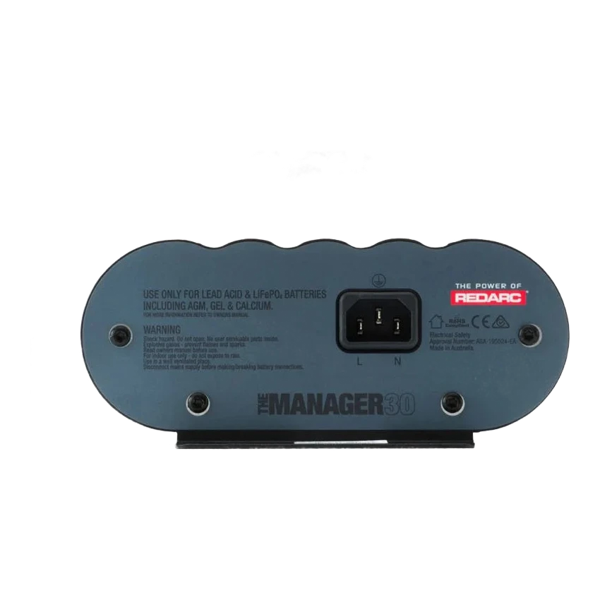 AC input end of the REDARC Manager30 showing the IEC mains socket and the label listing supported battery types